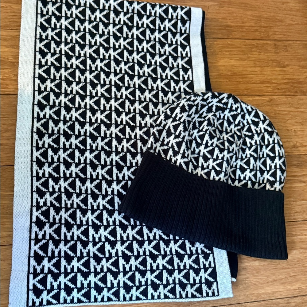 Michael Kors Black & White MK Logo Beanie and Scarf Set
